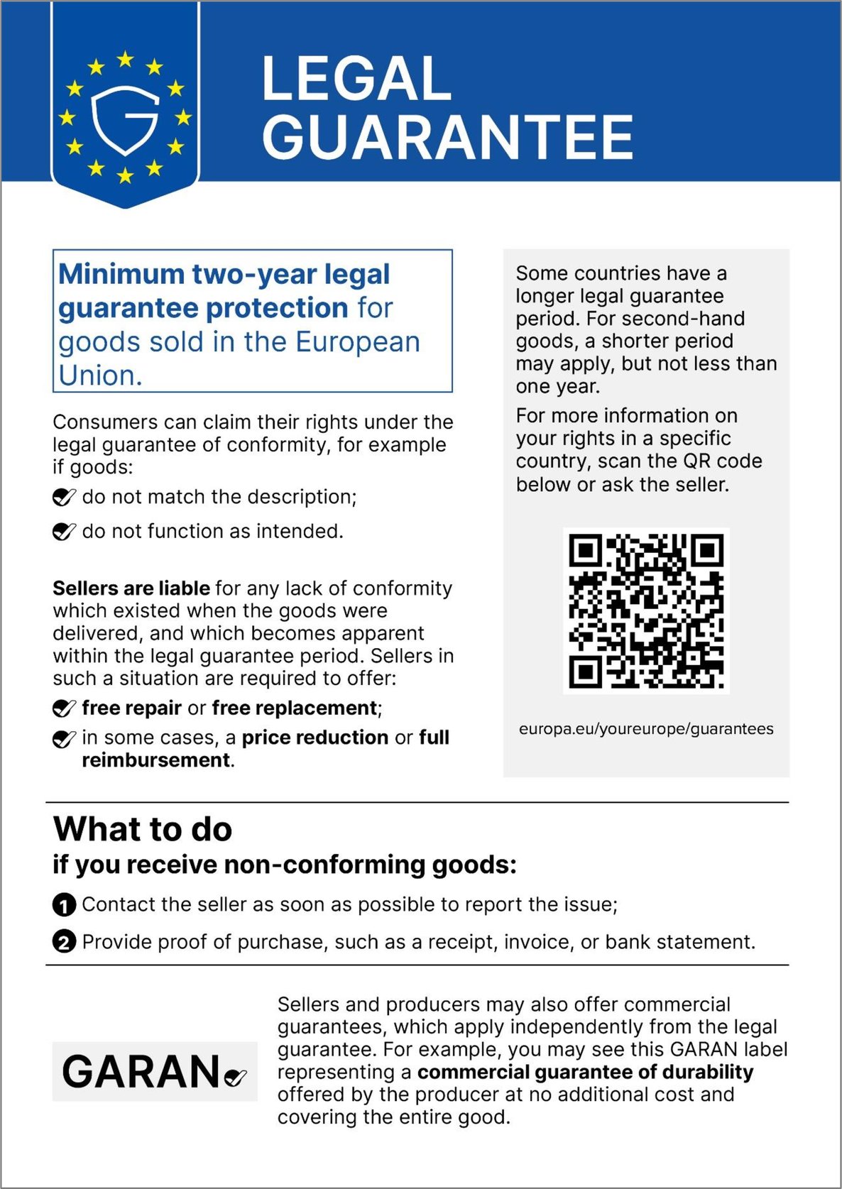 Example of the legal guarantee notice